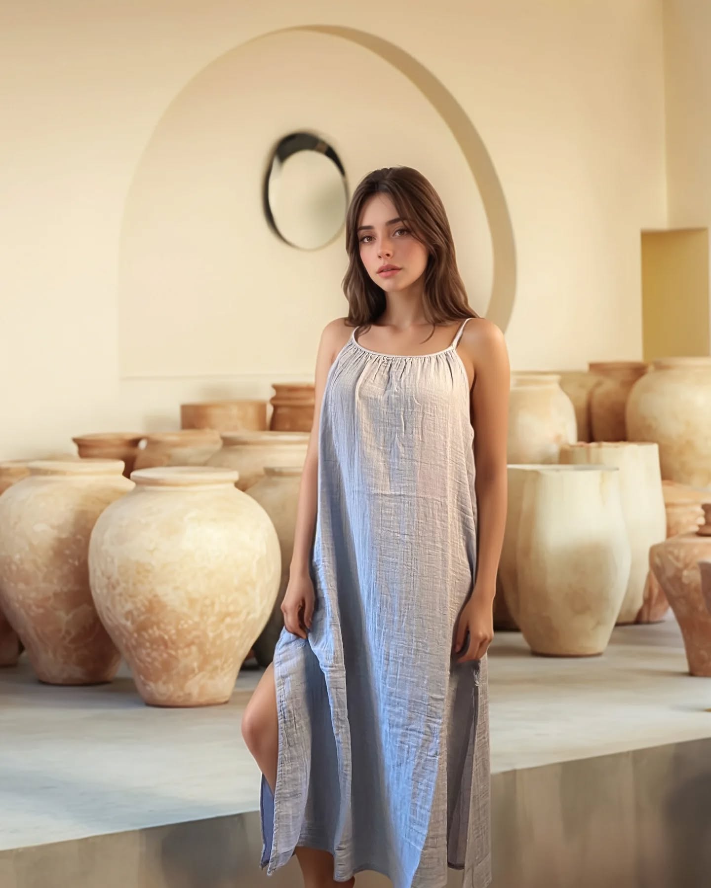 Demeter Yırtmaçlı Müslin Elbise