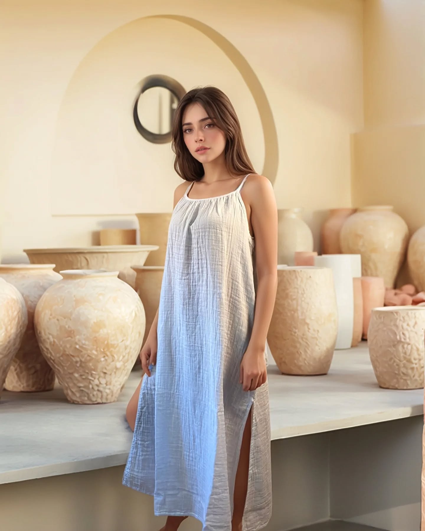 Demeter Yırtmaçlı Müslin Elbise