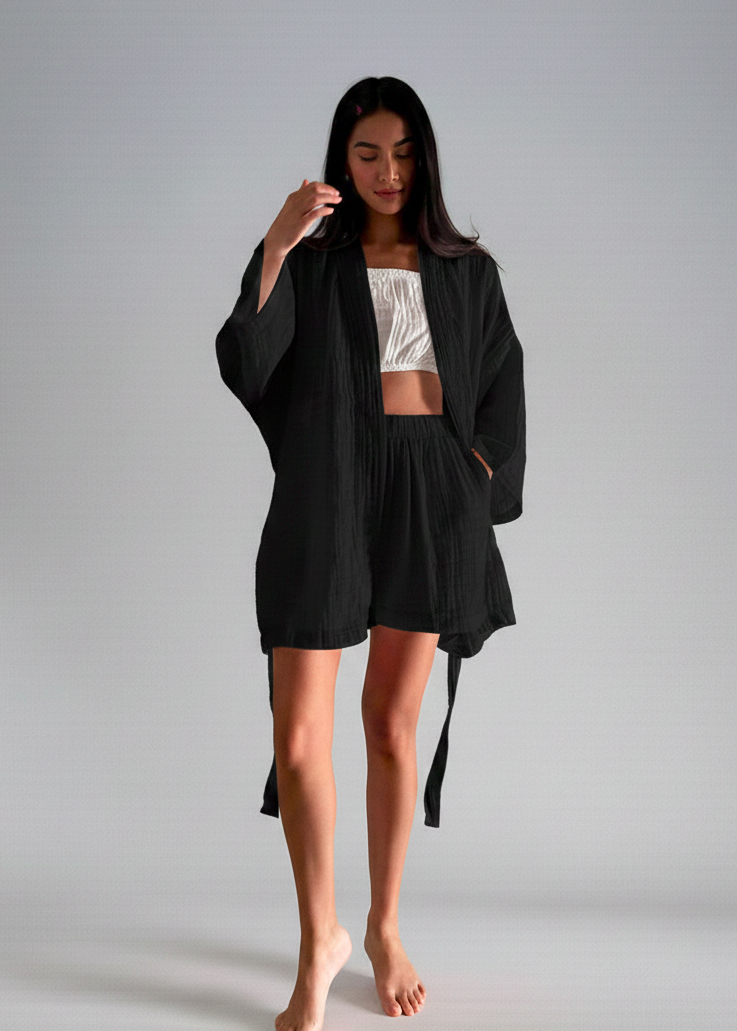 Atera Pamuk Müslin Kimono - Siyah