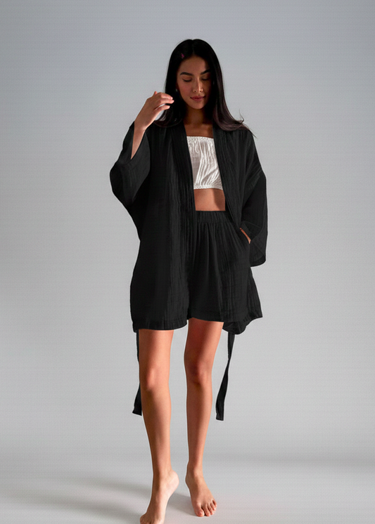 Atera Pamuk Müslin Kimono - Siyah