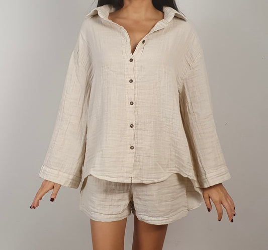 manşetsiz bej müslin gömlek gabi gabrielle