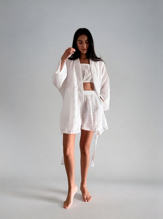 Atera Pamuk Müslin Kimono - Beyaz