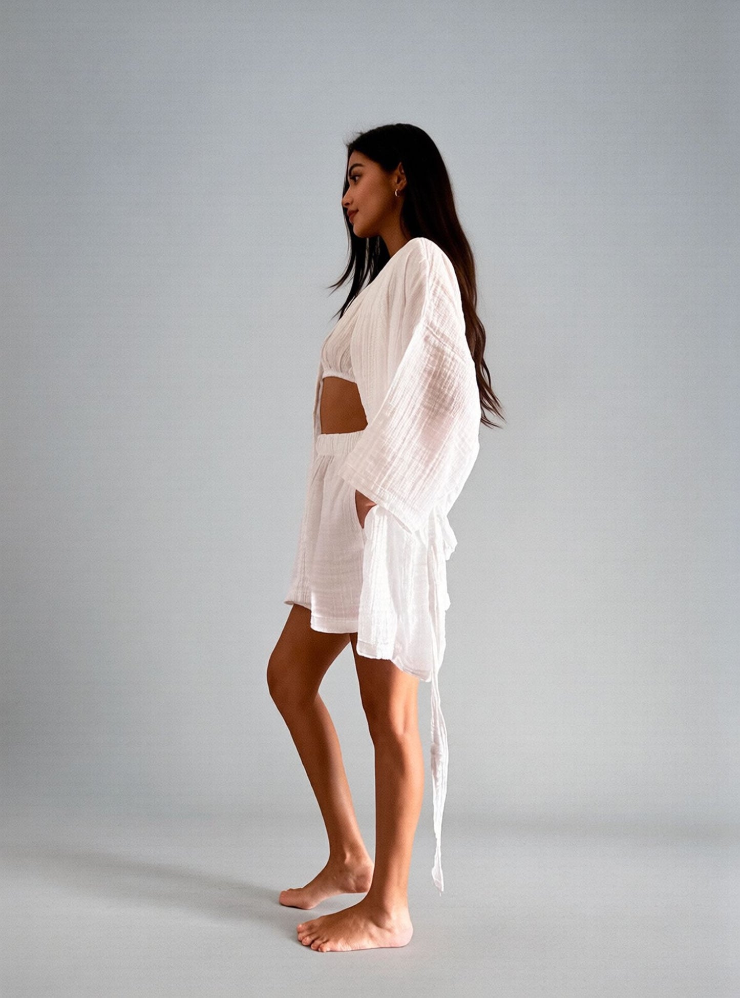 Atera Pamuk Müslin Kimono - Beyaz